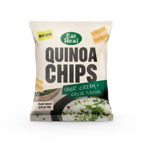 Pack of Eat Real Quinoa Chips with sour cream and chive flavor on a white background