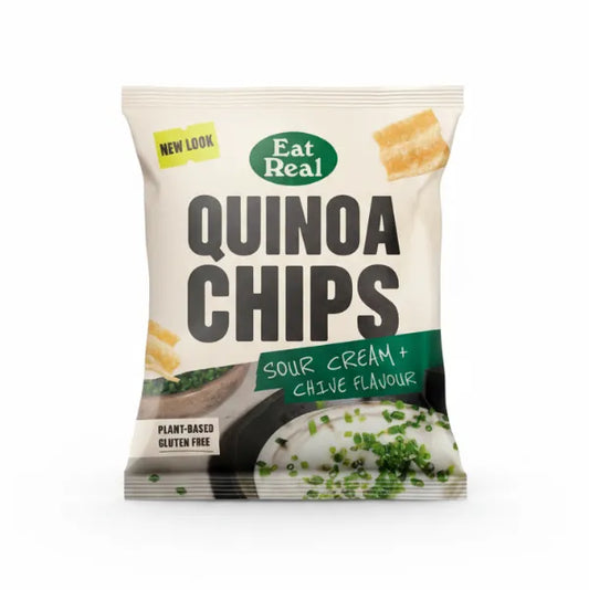 Pack of Eat Real Quinoa Chips with sour cream and chive flavor on a white background