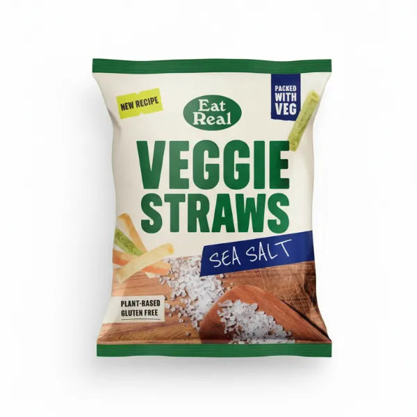 Bag of Eat Real Veggie Straws with sea salt flavor on a white background