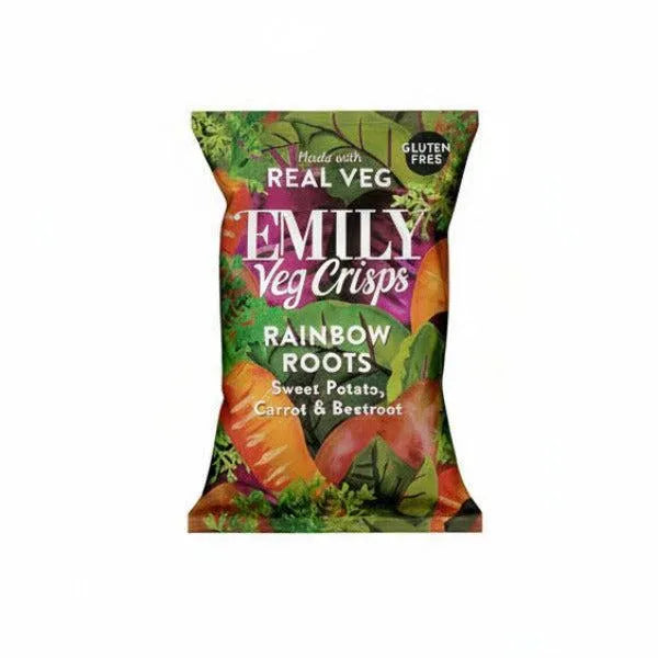 Packaging of Emily Veg Crisps Rainbow Roots flavor on a white background