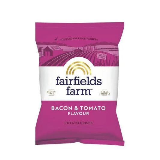 Pack of Fairfields Farm bacon & tomato flavour potato crisps on a white background