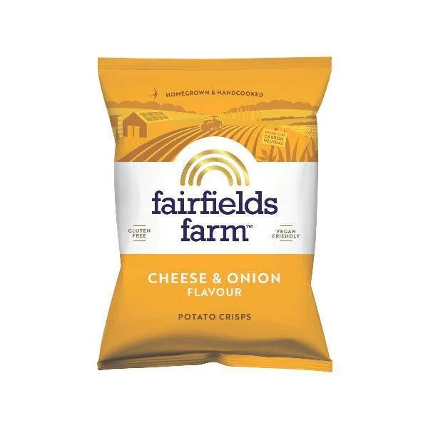 Fairfields Farm Cheese & Onion Flavour Potato Crisps packaging on a white background