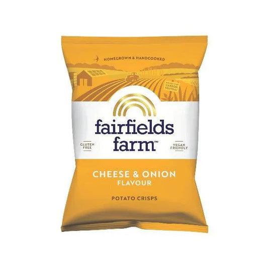 Fairfields Farm Cheese & Onion Flavour Potato Crisps packaging on a white background