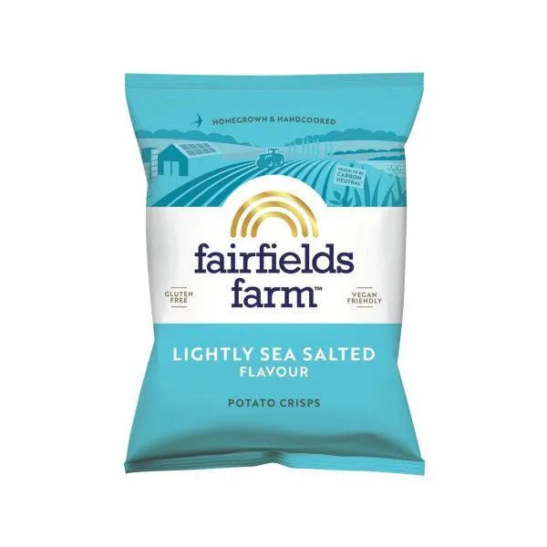 Packaging of Fairfields Farm potato crisps lightly sea salted flavour with a scenic design on a white background