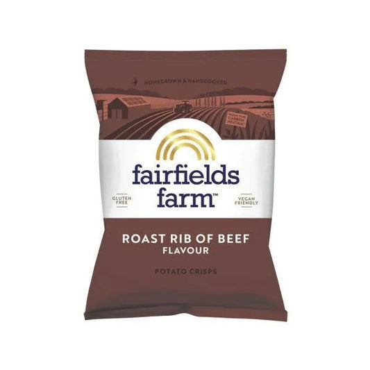 Fairfields Farm roast rib of beef flavor potato crisps packaging on a white background
