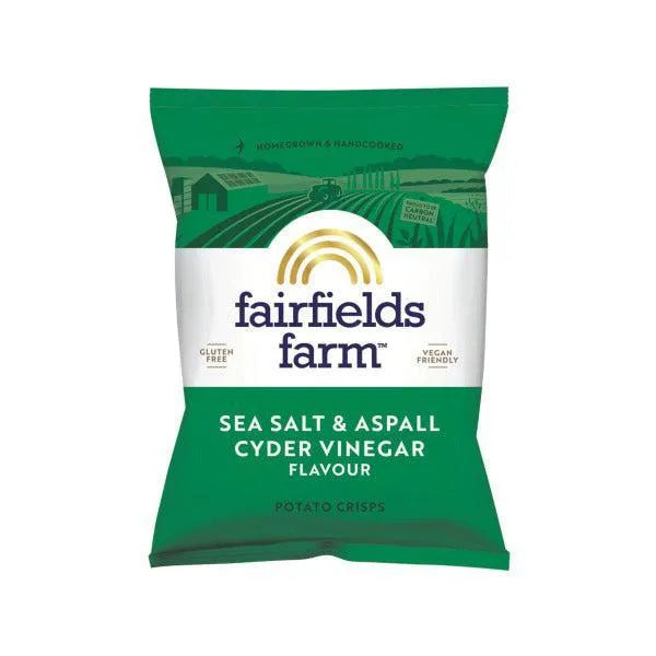 Green and white packaging of Fairfields Farm potato crisps Sea Salt & Aspall  Cyder Vineagr Flavour 40g.