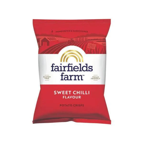Red and white package of Fairfields Farm Sweet Chilli Flavour potato crisps on a white background