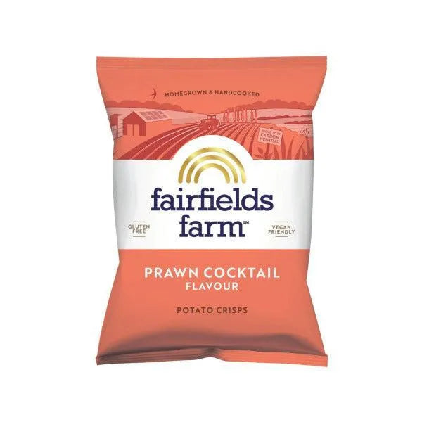 Packaging of Fairfields Farm prawn cocktail flavour potato crisps on a white background