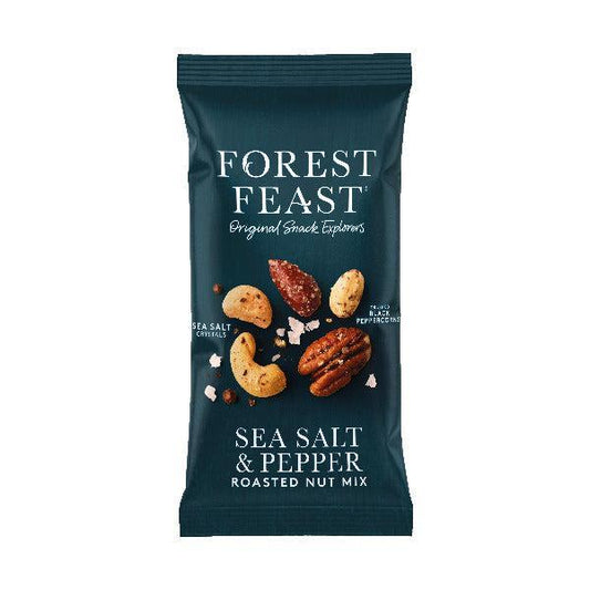 Purple package of Forest Feast Crushed Black Peppercorns and sea salt nut mix on a white background