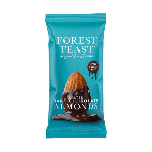 Teal package of Forest Feast Salted Almonds in dark chocolate on a white background