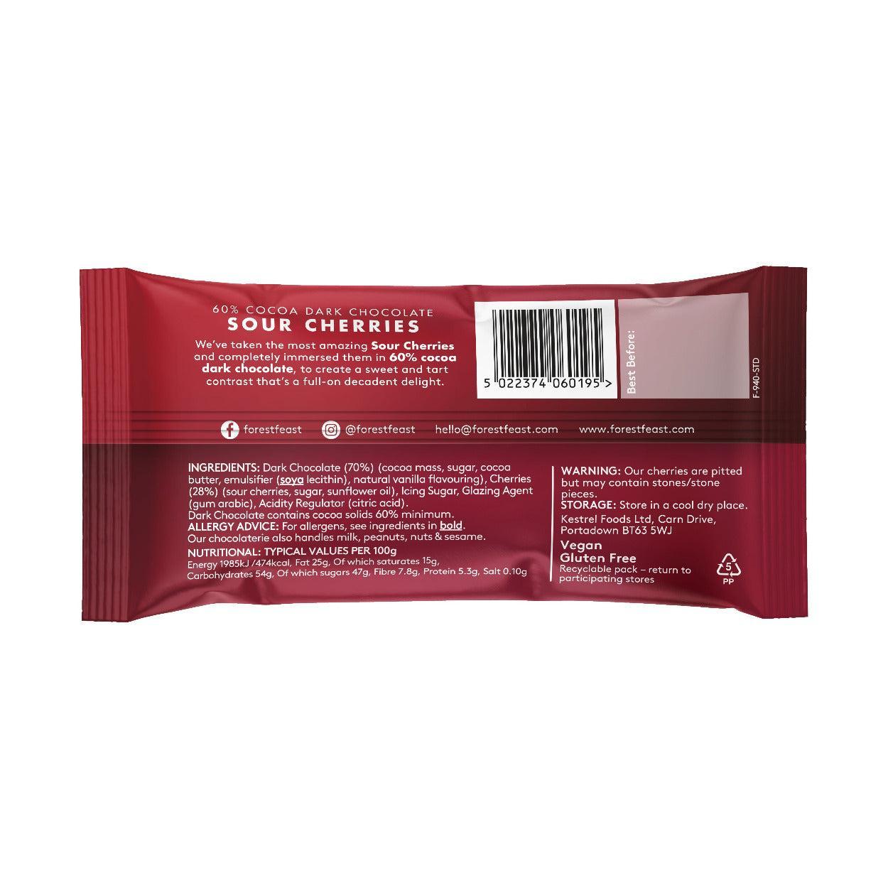 Image of Forest Feast Dark Chocolate Cherries packaging rear showing ingredients