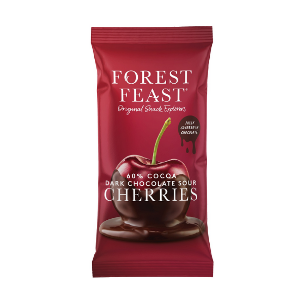 Red packaging of Forest Feast dark chocolate sour cherries on a white background