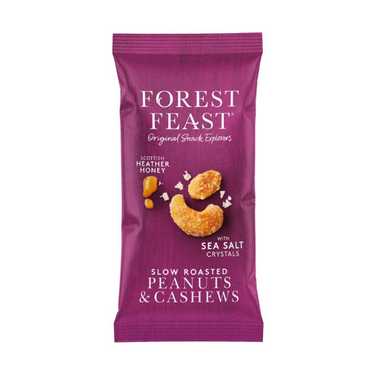 Purple snack package of Forest Feast Scottish Heather honey roasted peanuts and cashews on a white background