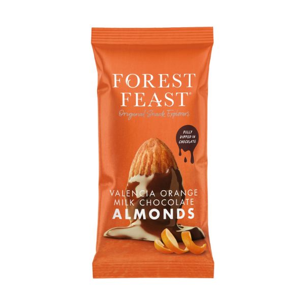 Packaging of Forest Feast Valencia Orange Milk Chocolate Almonds on a white background