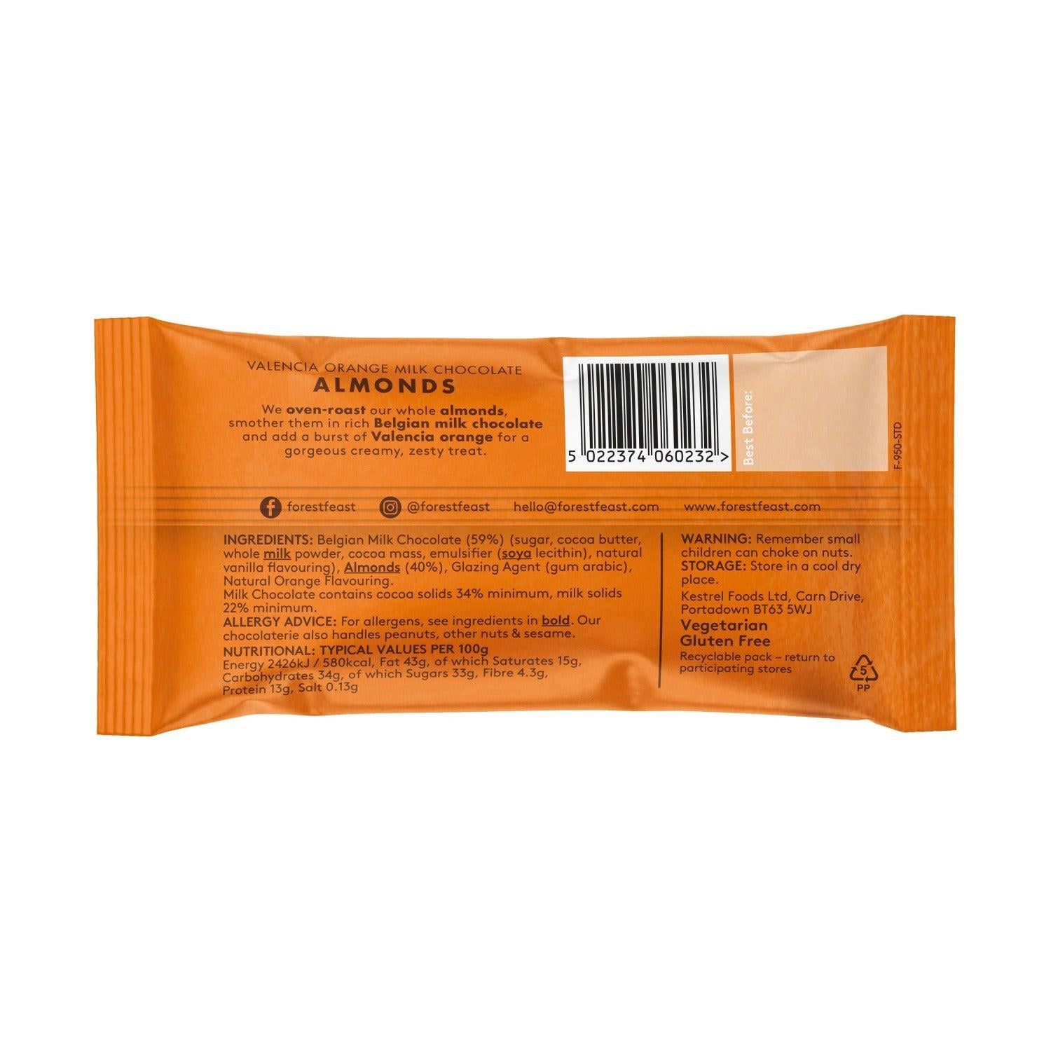Forest Feast Orange Chocolate Almonds packaging rear showing ingredients and barcode