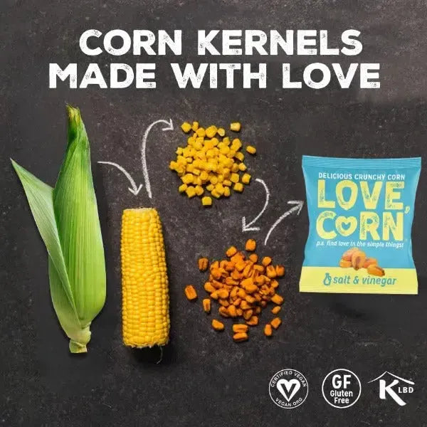 Love Corn Salt & Vinegar Pack with Corn kernels on a dark background with text 'Corn Kernels Made with Love'.