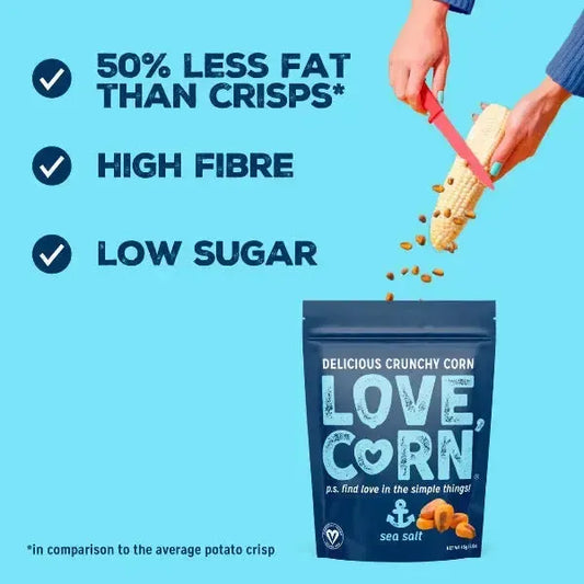 image of Love Corn Sea Salt Flavour packaging with text explaining health benefits compared to potato crisps