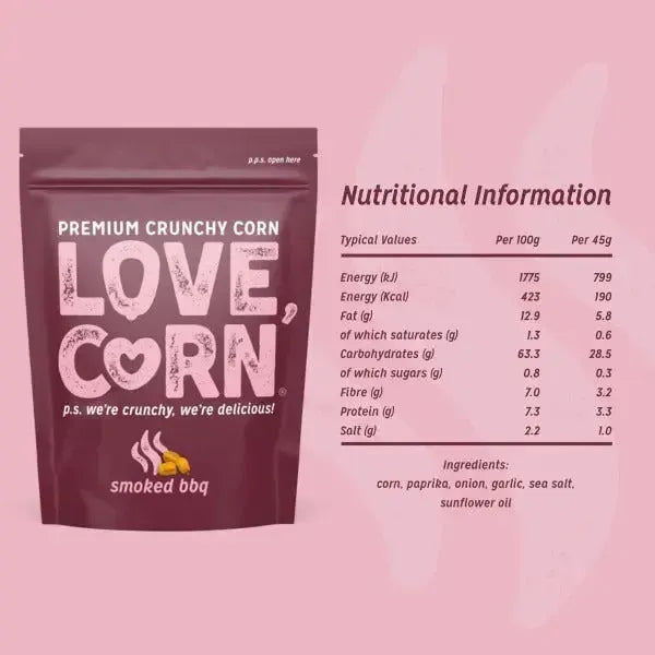image of love corn snacks bbq flavour and text showing nutritional information
