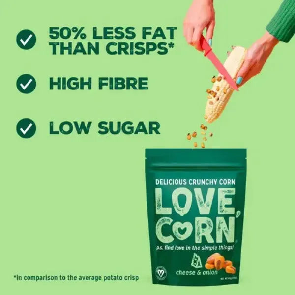 image showing love corn cheese and onion corn snack pack and text saying 50% less fat than crisps, high fibre and low sugar