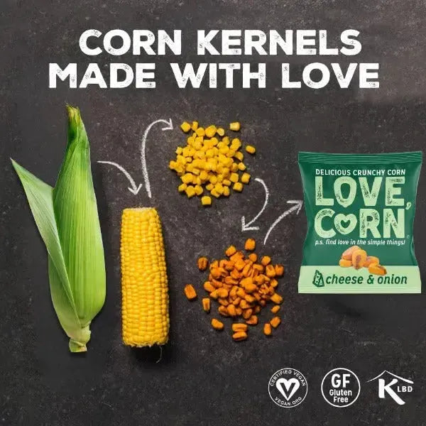 image showing love corn cheese and onion corn snack with raw ingredients and text saying made with love