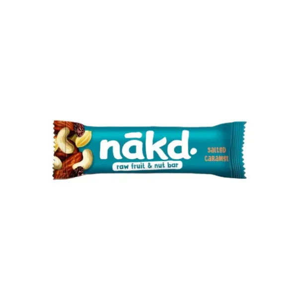 Nakd raw fruit and nut bar salted caramel flavour packaging on a white background