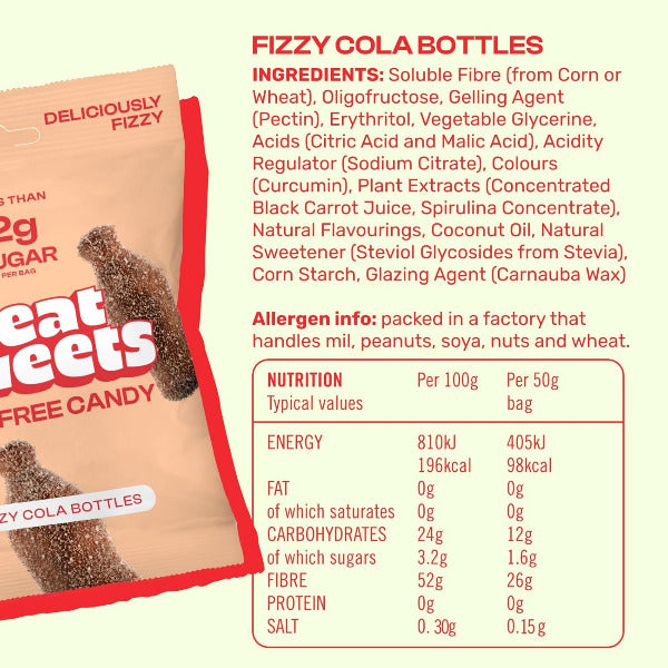 Image showing ingredients and nutritional information about Neat Sweets Fizzy Cola bottles low sugar sweets