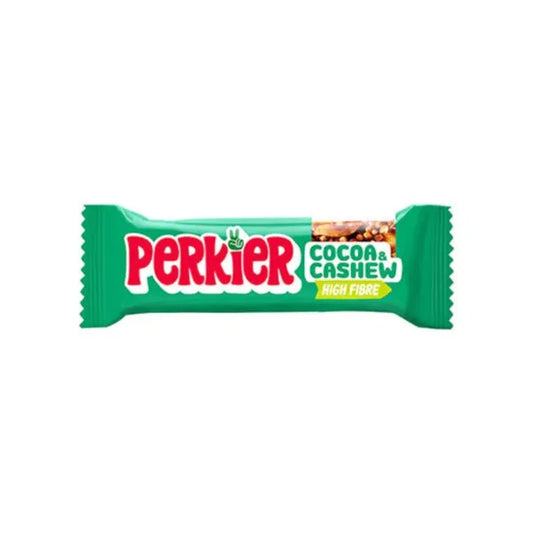 Perkier Cocoa & Cashew snack bar packaging on a white background