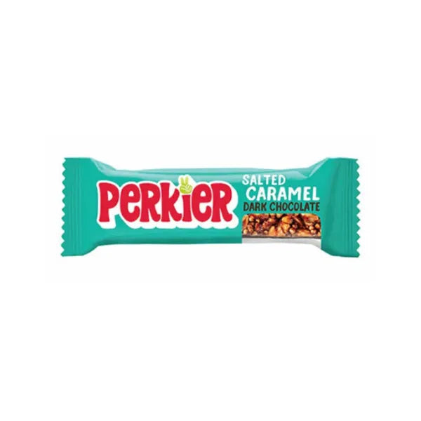 Perkier salted caramel dark chocolate bar with green packaging on a white background
