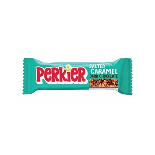 Perkier salted caramel dark chocolate bar with green packaging on a white background