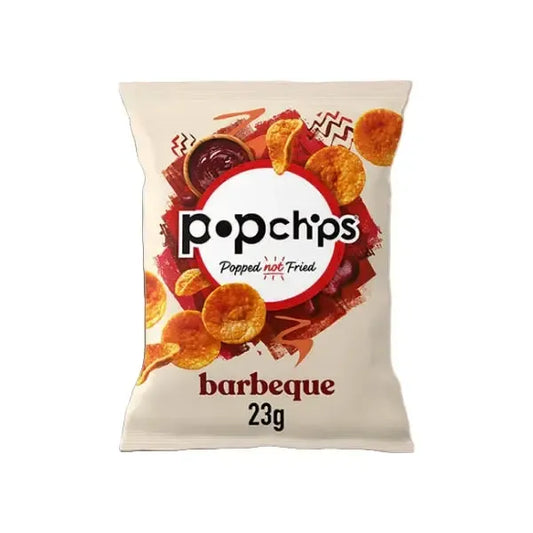 Popchips barbeque flavour crisps  packaging on a white background