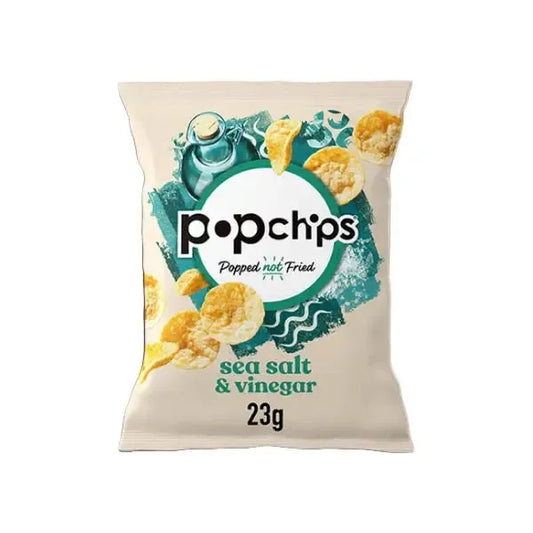 Popchips sea salt & vinegar flavour packaging on a pink background