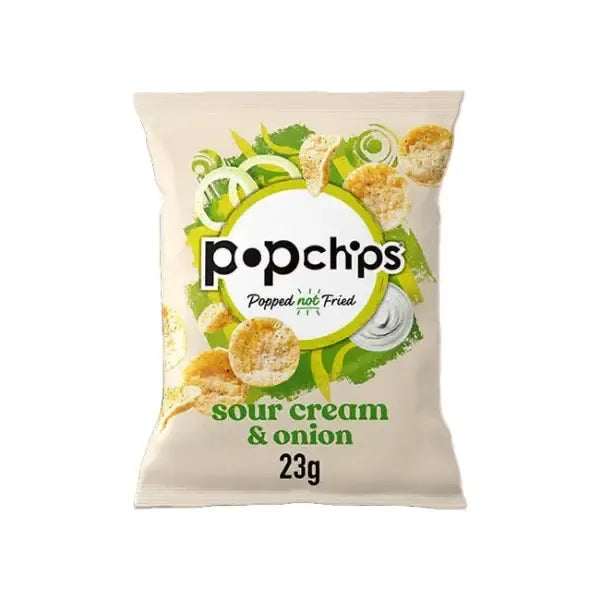 Popchips sour cream & onion flavour packaging on a white background
