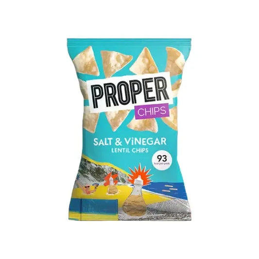 Packaging of Proper Chips Salt & Vinegar Lentil Chips on a white background