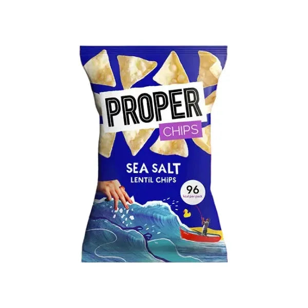 Packaging of Proper Chips Sea Salt Lentil Chips on a white background