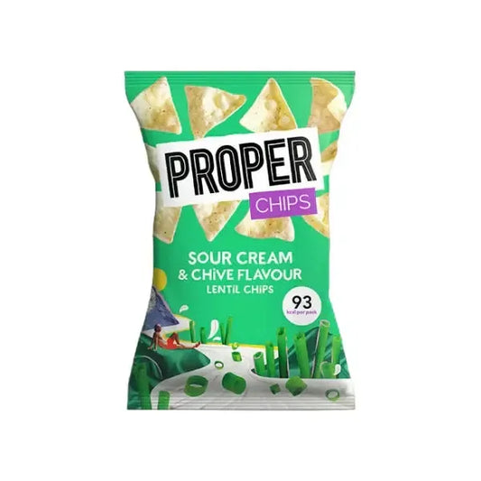 Packaging of Proper Chips Sour Cream & Chive Flavour Lentil Chips on a pink background