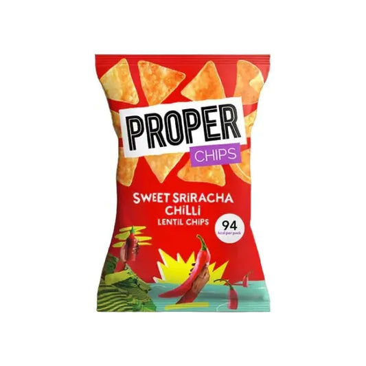 Red package of Proper Sweet Sriracha Chilli Lentil Chips on a white background