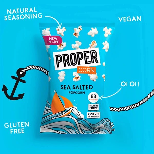 Proper Corn sea salted popcorn packaging on a blue background with text explaining features