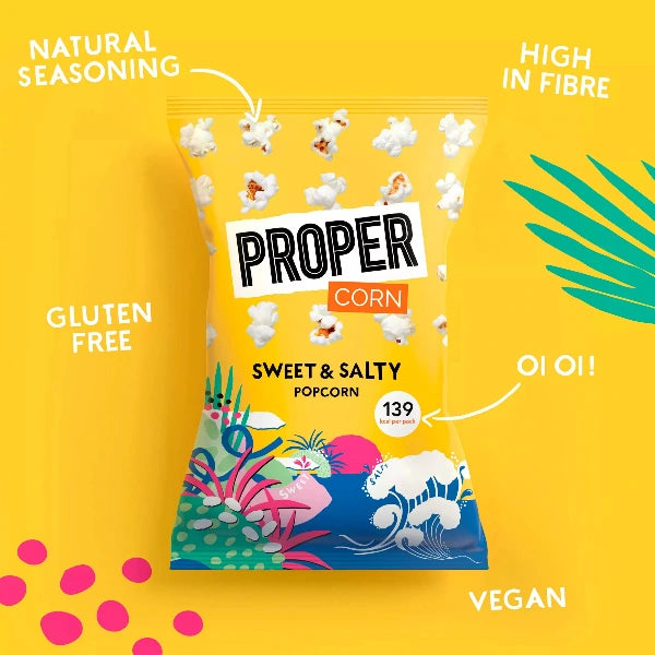 Packaging of Proper Corn Sweet & Salty Popcorn on a yellow background with text highlighting features.