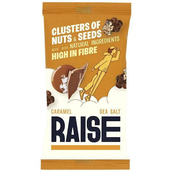 Packaging of RAISE caramel sea salt clusters of nuts and seeds on a white background