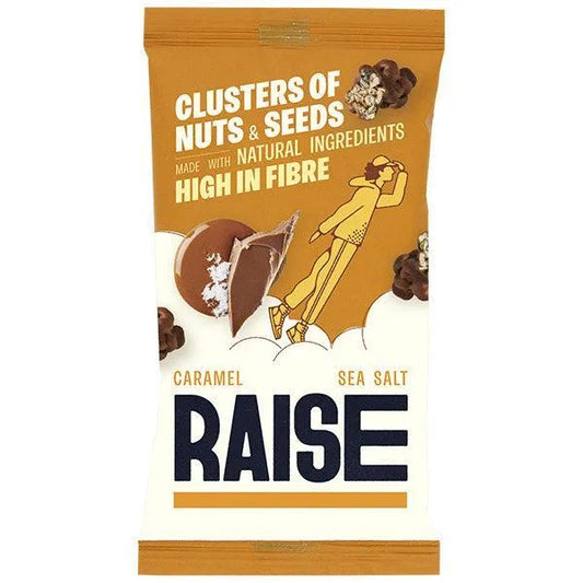 Packaging of RAISE caramel sea salt clusters of nuts and seeds on a white background