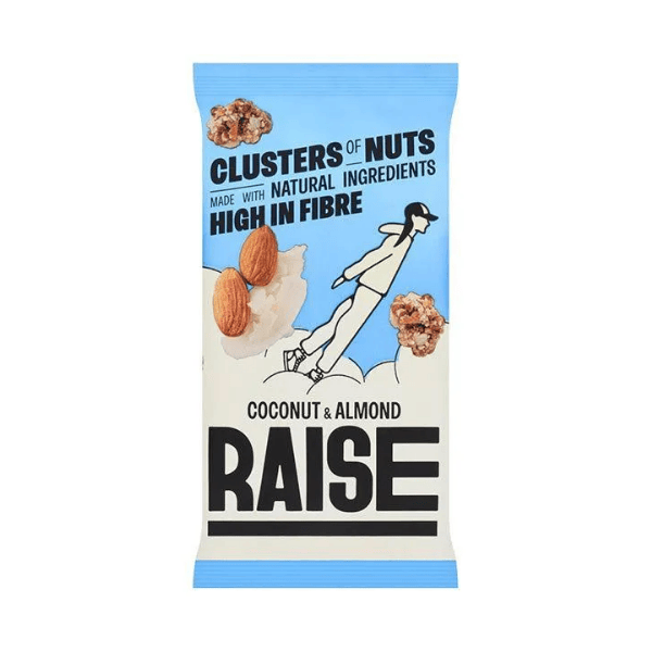 Packaged Raise Coconut and almond flavour nut clusters on a white background