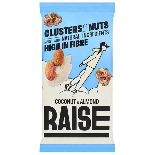 Packaged snack with coconut and almond flavor on a white background