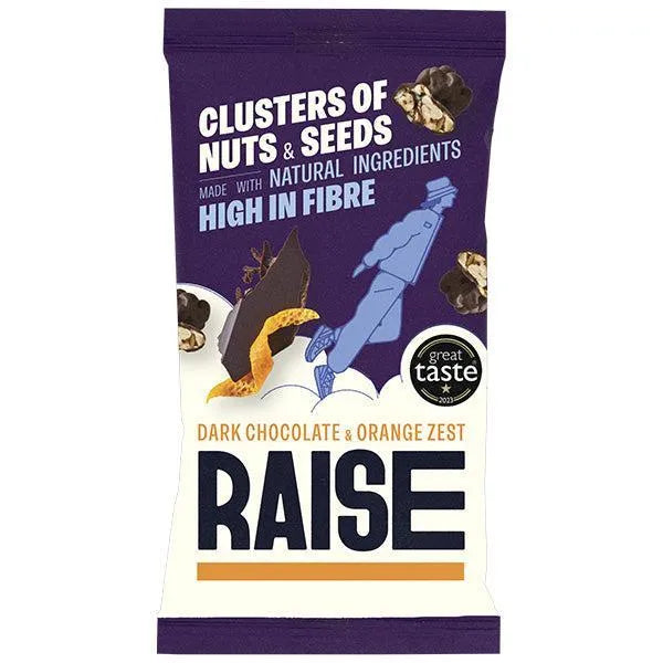 Packaged snack with 'Raise' branding on a white background