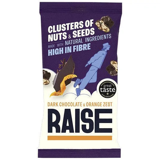 Packaged snack with 'Raise' branding on a white background