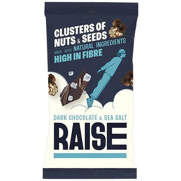 Packaging of RAISE dark chocolate and sea salt clusters with nut and seed imagery.