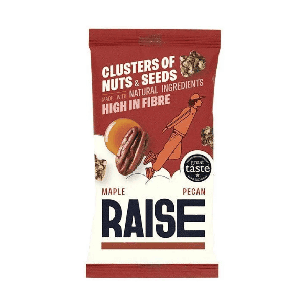 Packaging of Maple Pecan Raise snack with text about ingredients and taste.