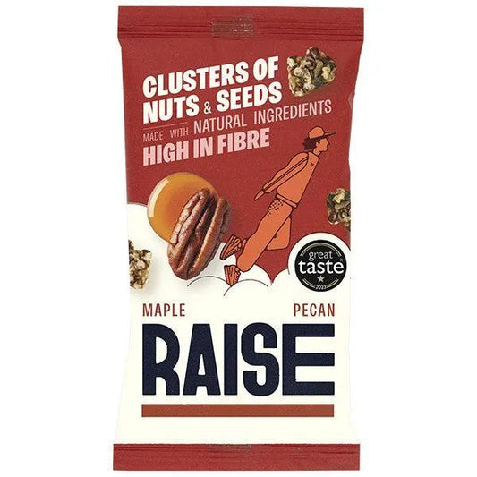Packaging of Maple Pecan Raise with text and graphics on a white background