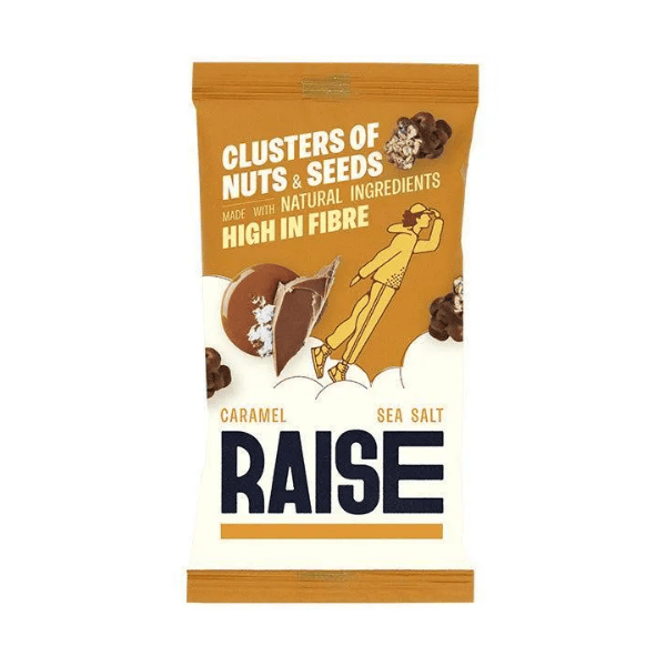 Raise snack package caramel and sea salt nut clusters on a white background
