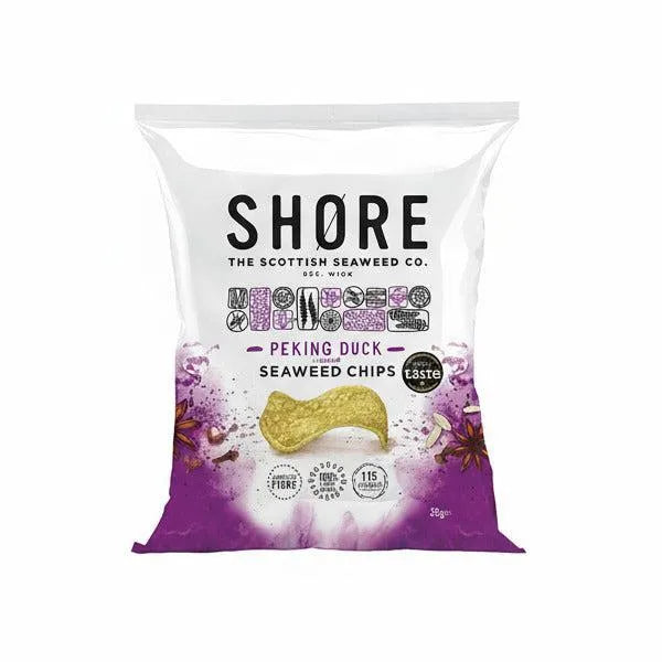 Shore seaweed chips packaging with purple and white design