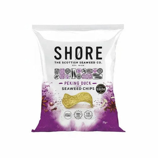 Shore seaweed chips packaging with purple and white design
